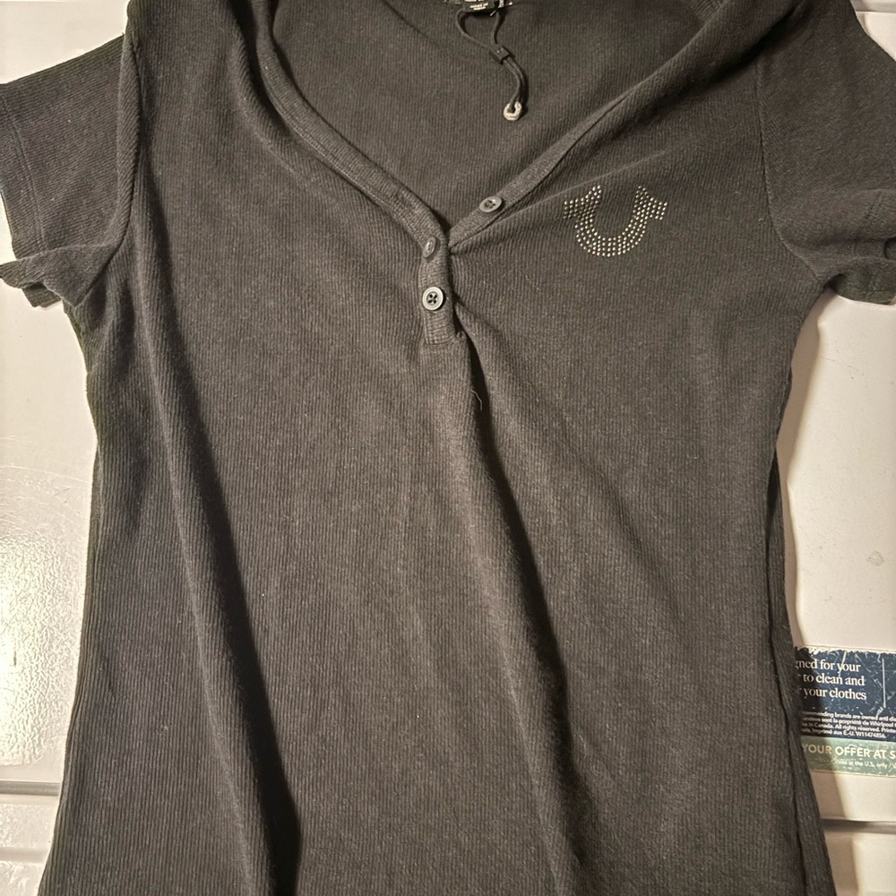 True Religion Black Ribbed Henley Top with Logo Tag